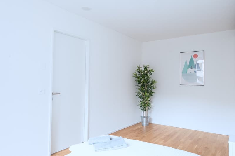 Bright and minimalist bedroom with white walls, hardwood flooring, a potted plant, and a framed artwork on the wall. The room appears to have a door leading to a balcony or terrace.