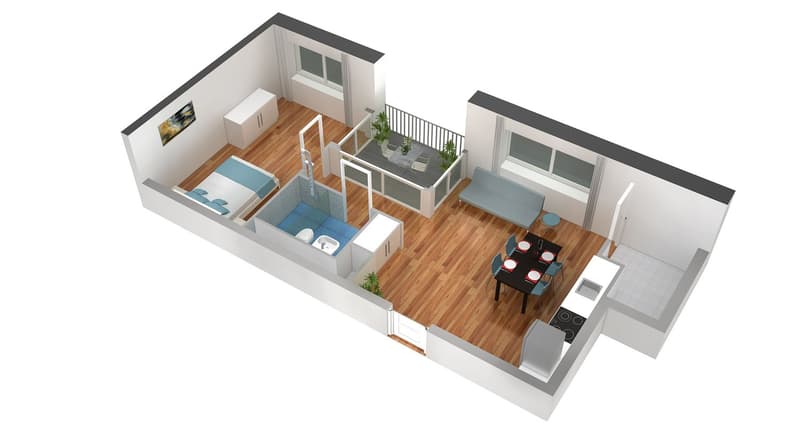 Open concept living room, kitchen, and dining area with hardwood floors. Two bedrooms, one bathroom, and a balcony.