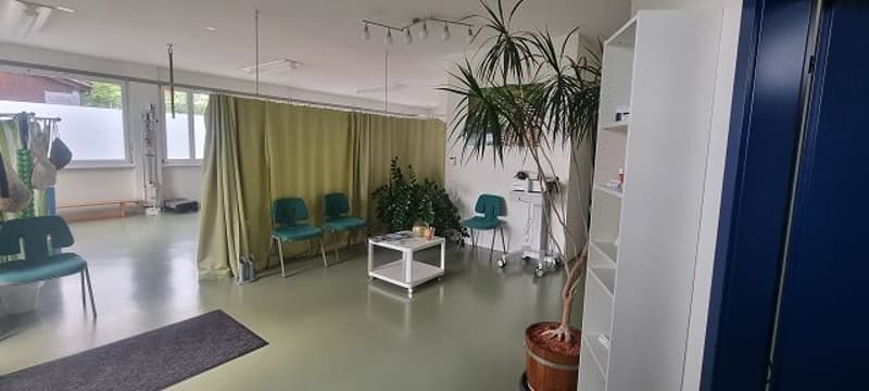 Spacious open-plan living area with green curtains, white walls, tiled flooring, potted plants, and chairs arranged in a seating area.