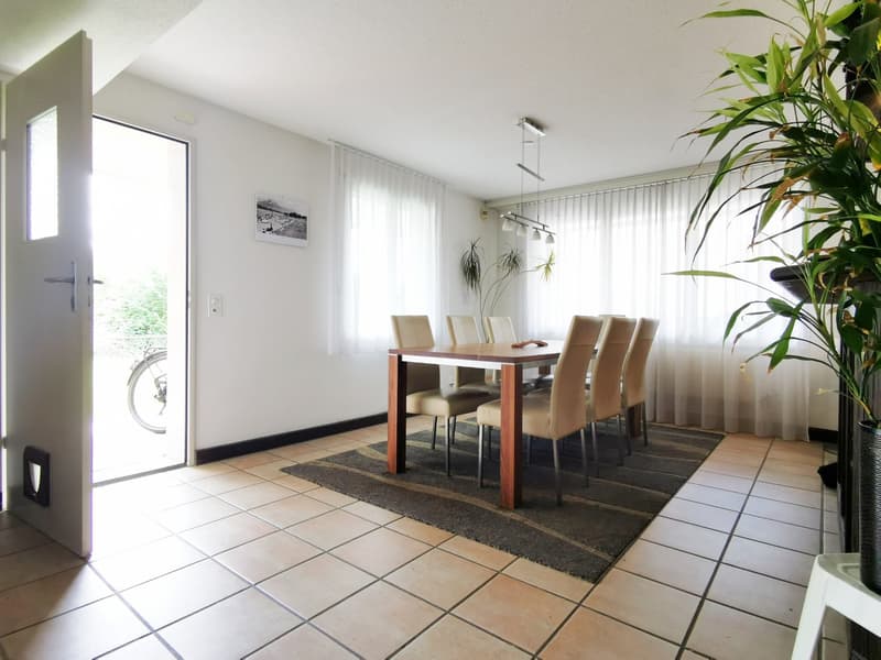 Dining room with a wooden table, beige chairs, white walls, tiled floor, white curtains, a picture on the wall, a plant, and a rug.