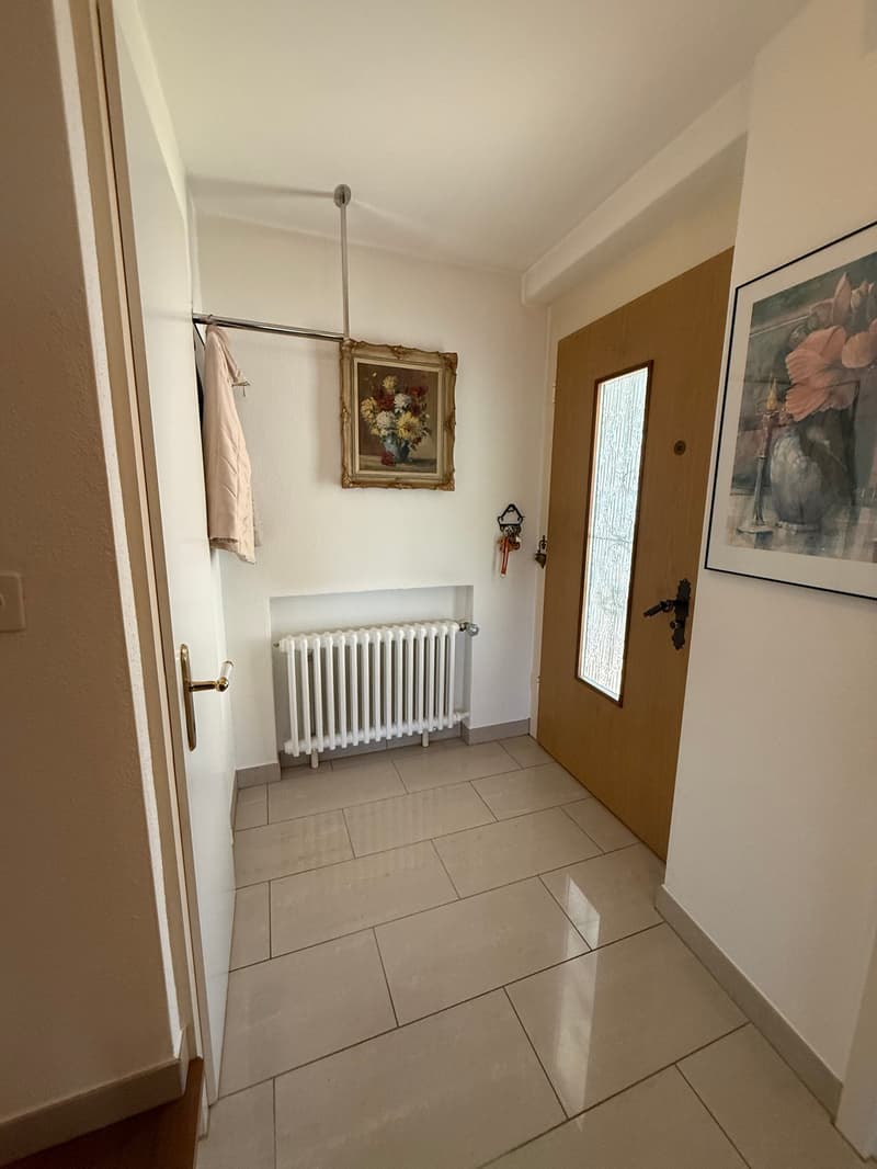 tiled floor, hallway, two doors, wooden door, radiator, picture frame, light switch, key rack