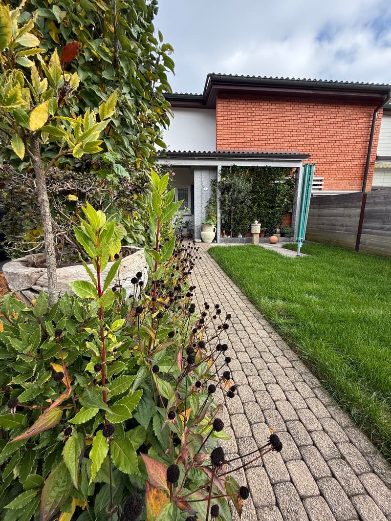 Green grass, brick pathway, various plants, including trees and shrubs, red brick building