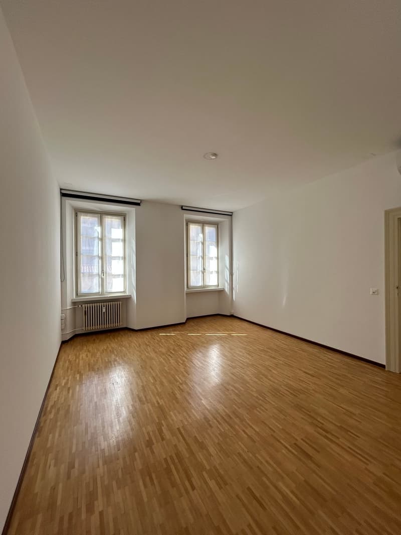 Spacious room with hardwood floors, large windows, white walls, and a radiator between the windows.