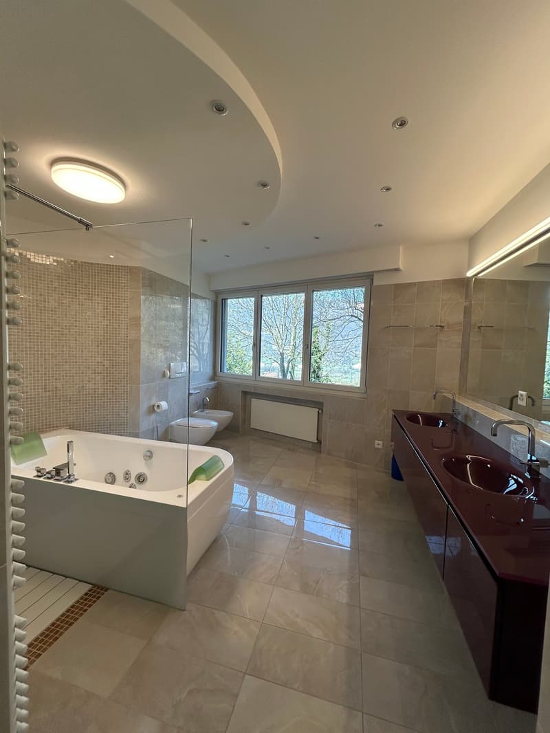 Spacious bathroom with a large bathtub, vanity with a dark sink, and tiled walls and floors. The room has large windows providing natural light and a view of the outdoors.