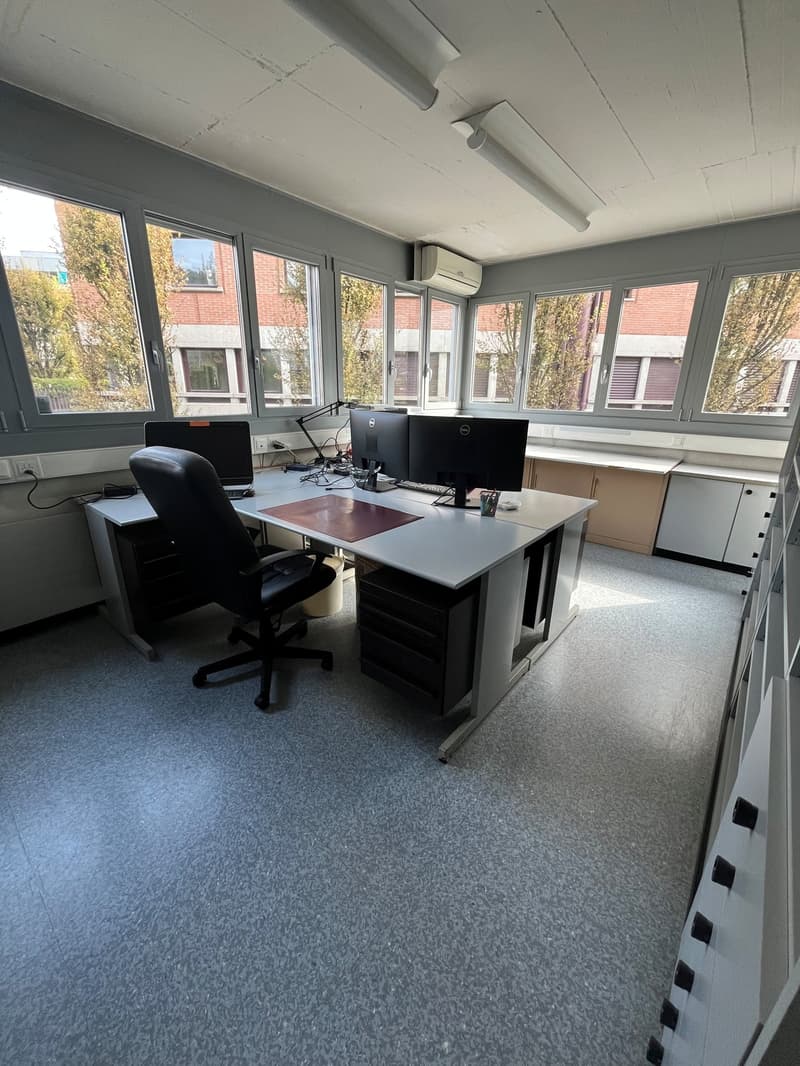 Empty office room with white desks and black office chairs, 2 monitors, trash bins, and cabinets. Large windows with outside views.