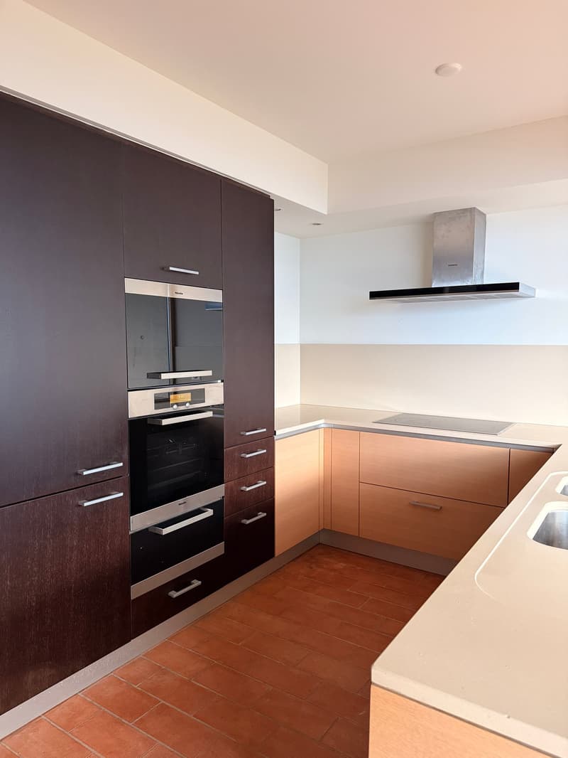 Modern kitchen with brown cabinets, induction cooktop, oven, sink, stainless steel appliances