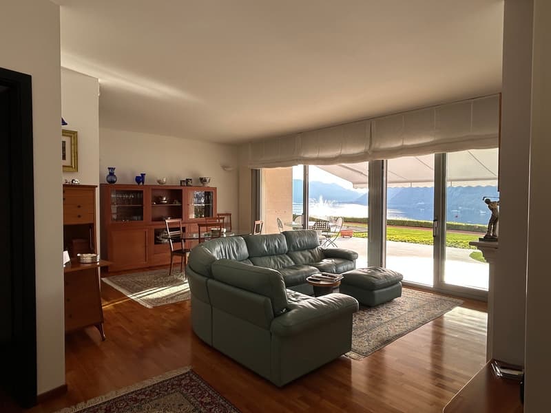 large living room with wooden floor, large windows, leather sofa, coffee table, rug, dining table, chairs, cabinet, and a view of the lake