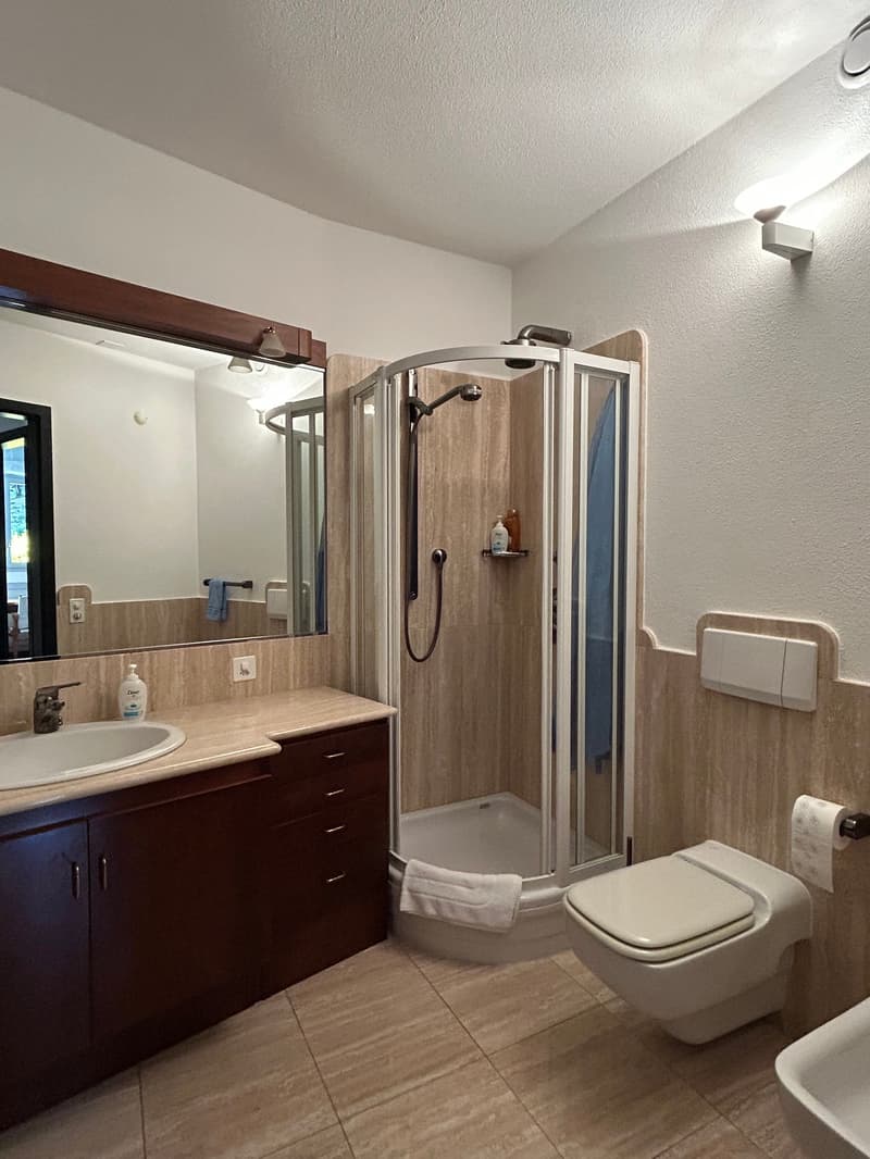 modern bathroom with shower, sink, toilet, mirror, wooden cabinets, tiled floor