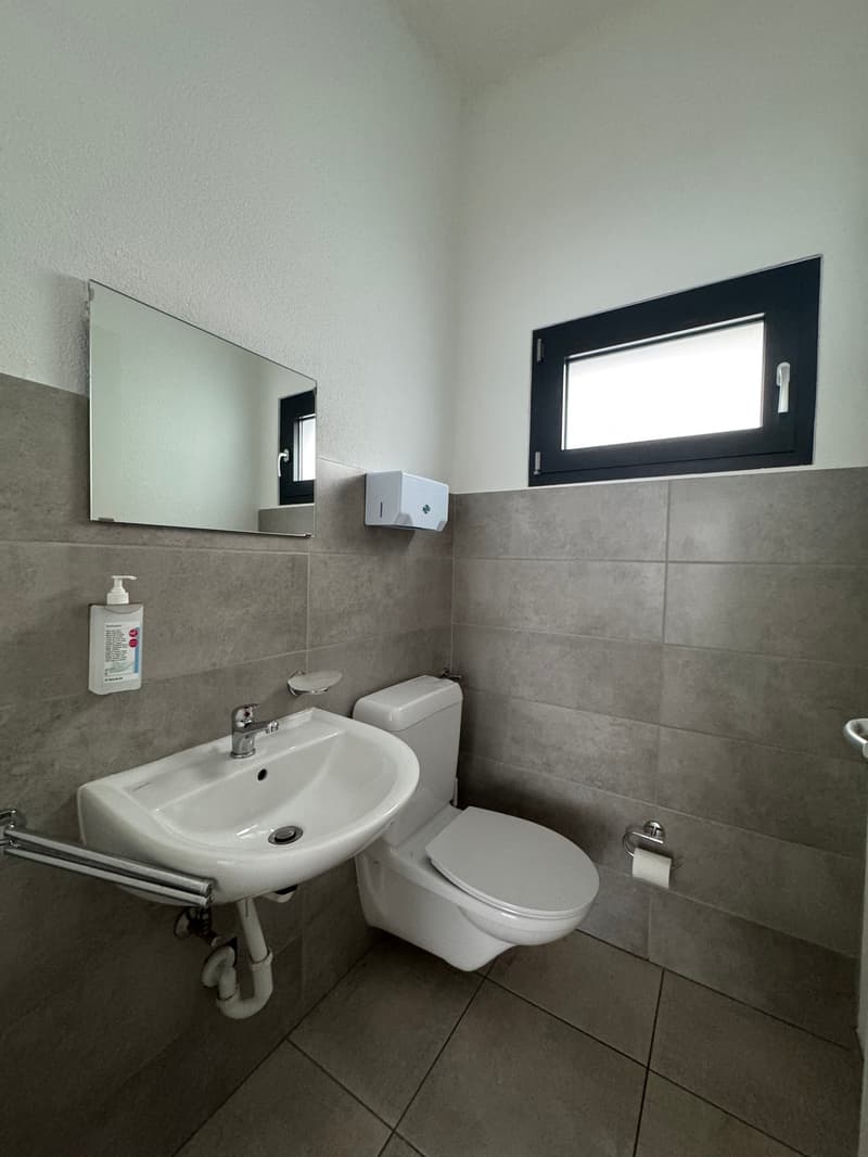 Bathroom with sink, toilet, mirror, and window