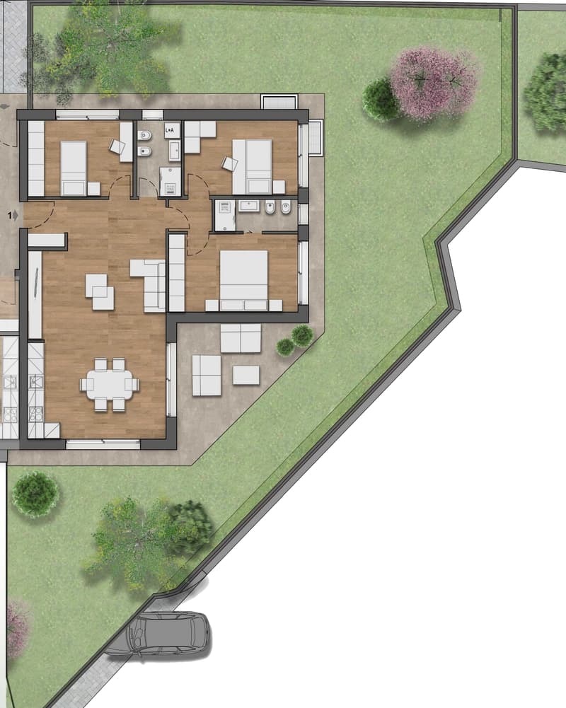 living room, dining room, kitchen, 2 bedrooms, 2 bathrooms, terrace