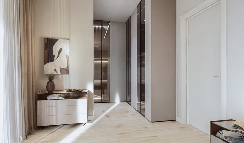 Minimalist design, hardwood floors, white walls, glass and wooden cabinets, modern artwork, indoor plant, and clean layout