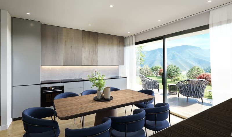 Modern kitchen, dining table and chairs, wooden flooring, wooden dining table, gray cabinets, marble countertop, sliding glass door to terrace, outdoor seating, plants, view of mountains