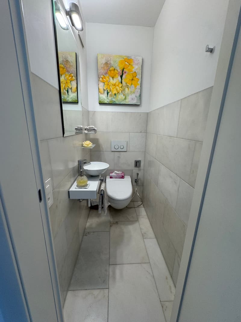 Compact bathroom with white tiles, toilet, small sink, mirror, art paintings, and a wall-mounted soap dispenser