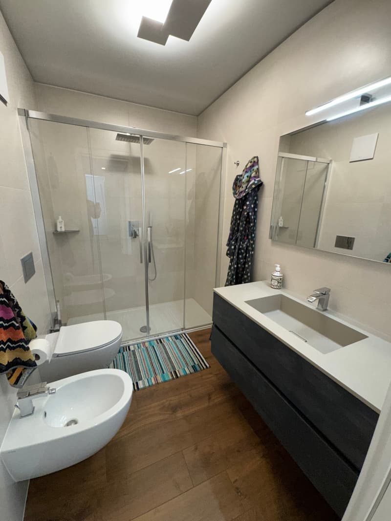 modern bathroom with walk-in shower, bidet, toilet, sink, mirror, wooden floor