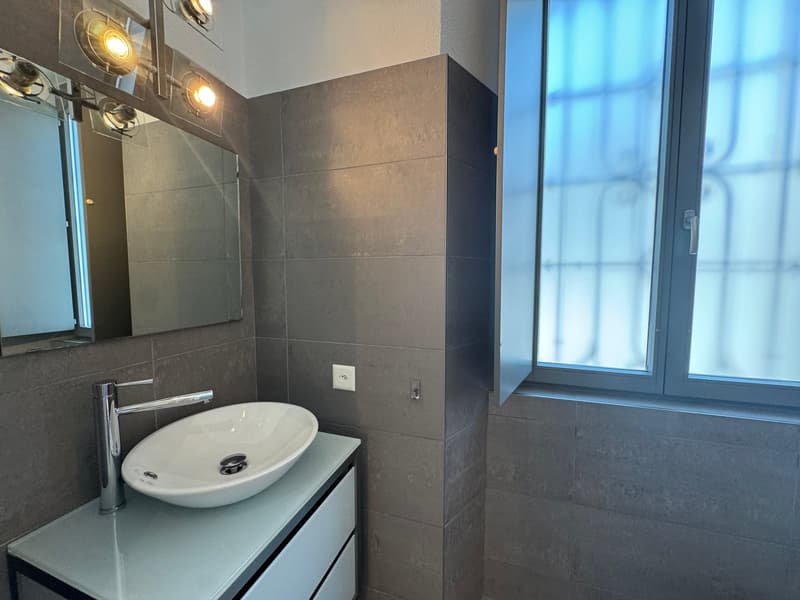 modern bathroom with white sink, mirror, and gray tiles