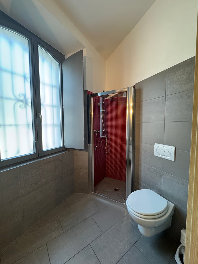 Bathroom with a glass shower, a toilet, and a window with a metal grill