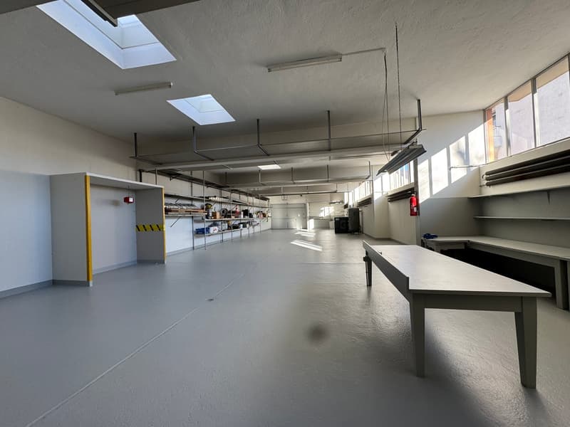 large room, high ceilings, wide hallway, large table, fire extinguisher, shelves