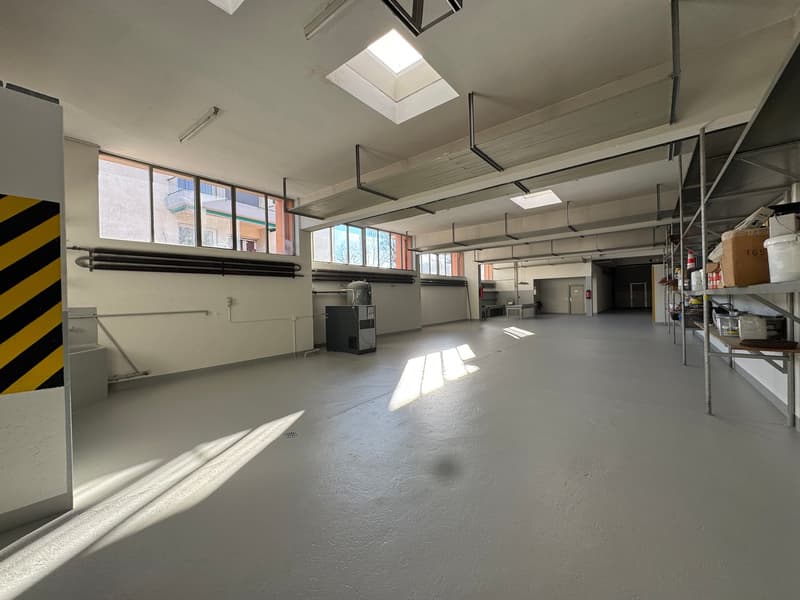 spacious room, large windows, skylight, grey flooring, storage shelves, large appliance