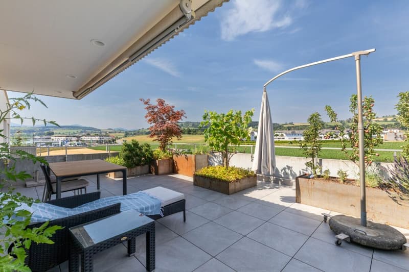 Terrassentraum mit stilvoll integrierten Pflanzenbeeten / Gerätehaus auf der Nordseite