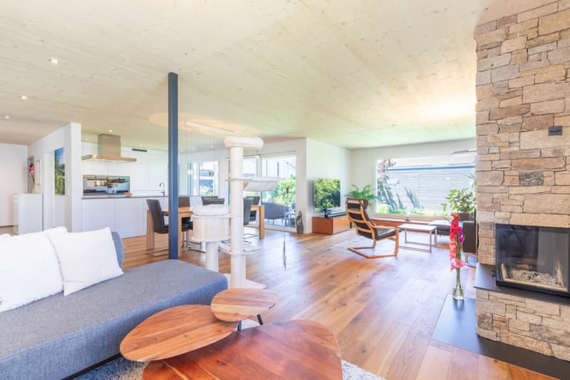 Wohn- und Esszimmer mit Speicherchéminée