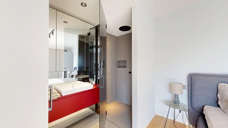 Modern bathroom with a red vanity cabinet, white sink, and glass shower enclosure. The room has a minimalist and sleek design with neutral colors and lighting fixtures.