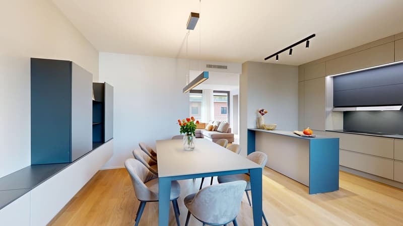 Spacious dining area with a large white table and blue chairs, modern kitchen with built-in appliances, hardwood flooring, and large windows providing natural light