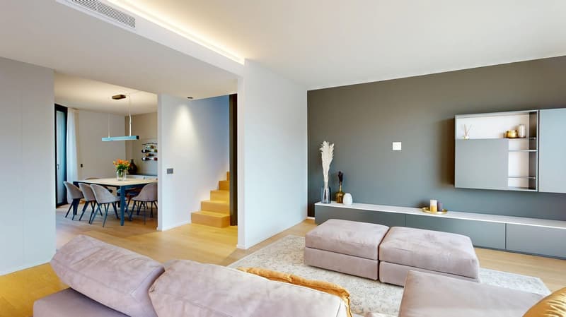 Spacious open-concept living area with a modern kitchen, dining table, and living room furniture. The room features gray walls, hardwood floors, and a built-in entertainment unit. The kitchen is visible in the background and appears to have a dishwasher.