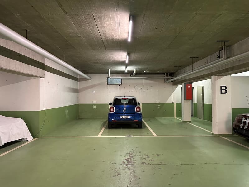 Underground garage, green floor, blue car, number 10, 12 parking spaces