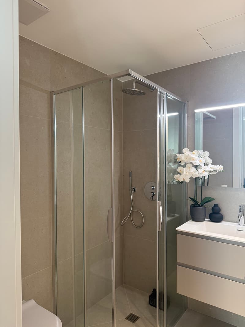Bathroom with glass walk-in shower, white countertop, modern design.