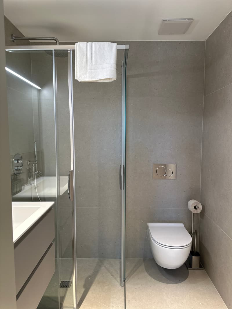 Modern bathroom with gray tiles, glass walk-in shower, white sink, and a white toilet