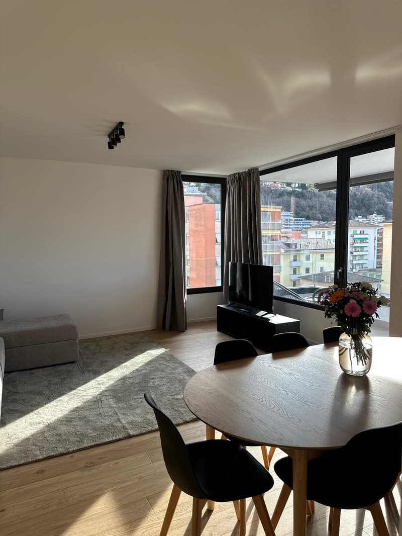 Wooden floor, large windows, gray couch, dining table, TV, vase with flowers