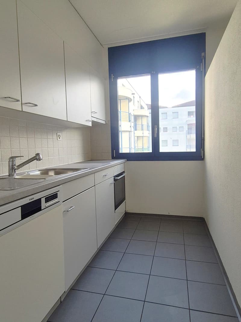 Modern white kitchen, tile flooring, electric oven, dishwasher, dishwasher, sink, faucet
