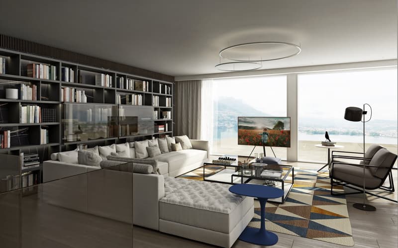 large white sofa, glass coffee table, large windows, large bookshelf, large TV, rug, view of mountains