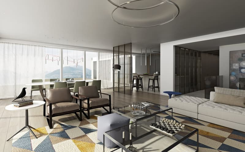 modern design, large windows, dining area, large rug, coffee table, sofa, chess set