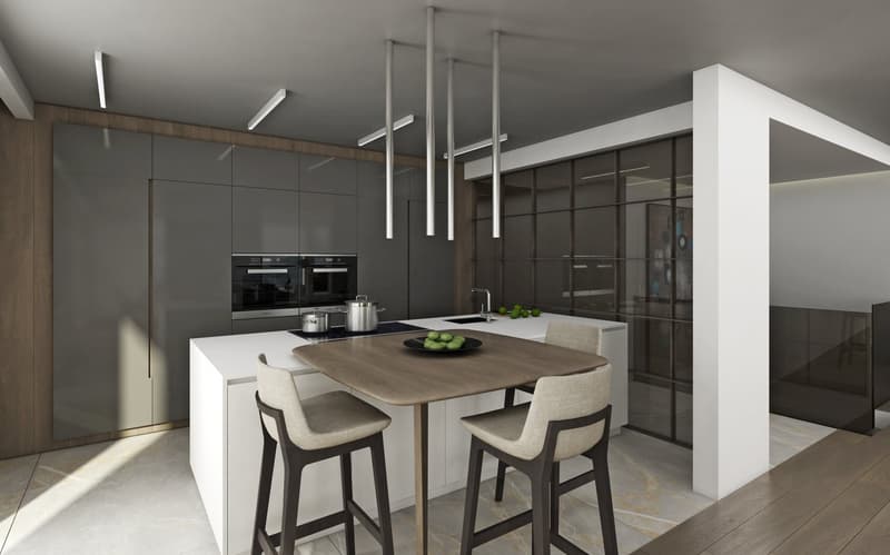 modern kitchen with island, gray cabinets, white countertops, built-in oven, stove, sink, faucet, dining table, chairs, pendant lights