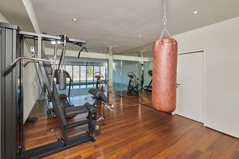 Home gym with various exercise equipment, wooden floor, mirror walls, punching bag