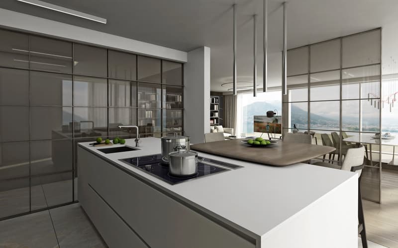 modern kitchen with large windows, island with stove and sink, dining table, modern furniture, view of the sea