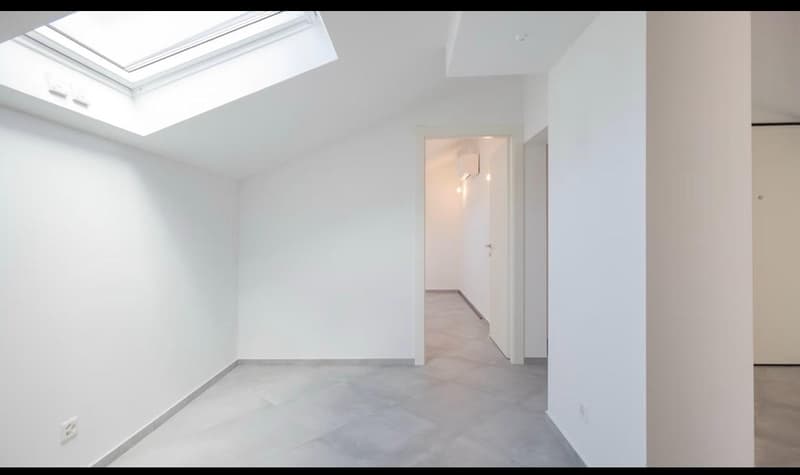 empty room, white walls, gray floor, skylight, power outlet, door