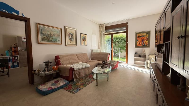 two sofas, decorative carpet, coffee table, wooden cabinet, wooden shelf, framed picture, floor lamp, sliding door