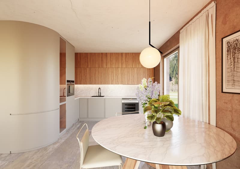 modern kitchen, dining area with round table, large window, round pendant lamp, potted plants