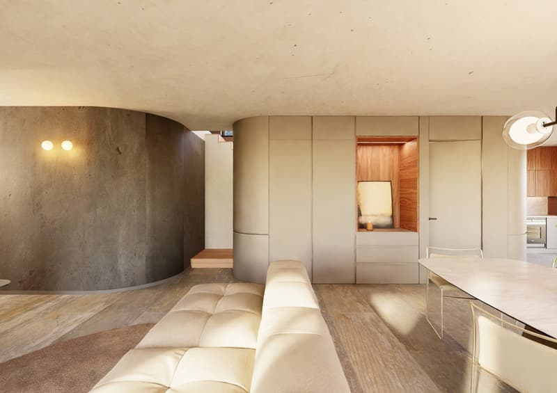 Exposed concrete column, white ceiling, built-in shelves, dining table, sofa, wood flooring, white walls, wall lights, table lamp