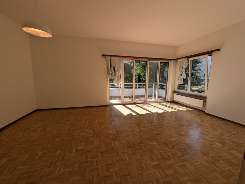 Empty room, wooden parquet floor, sliding glass doors, wooden ceiling