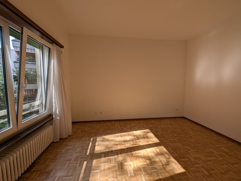empty room with windows, wooden parquet floor, white walls, radiator, view to outside