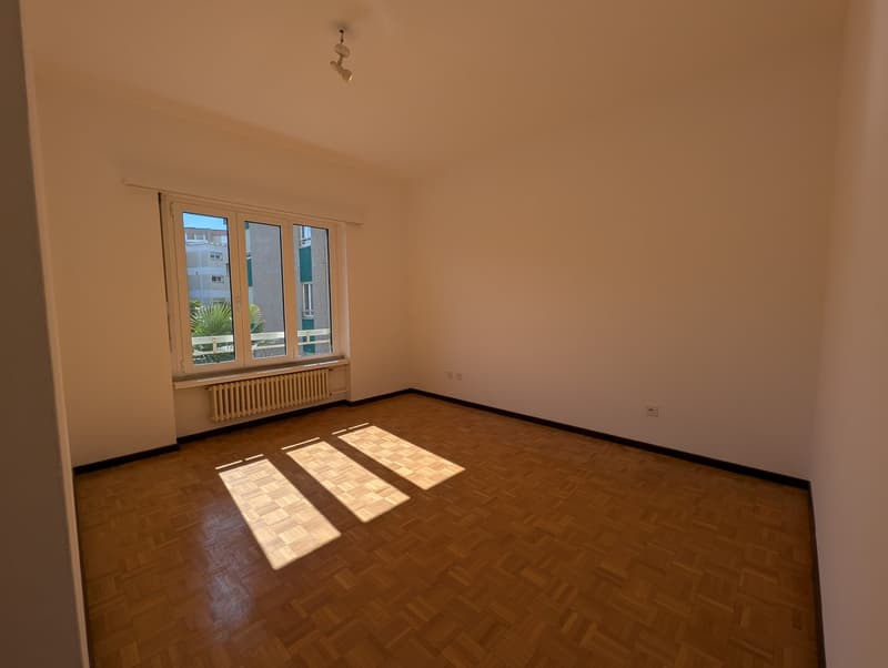 empty room, wooden floor, white walls, large window, radiator, ceiling lamp