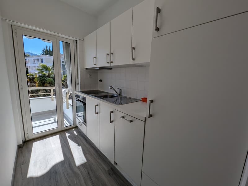 modern kitchen with white cabinets, wooden floor, stainless steel sink, faucet, oven, balcony with glass door