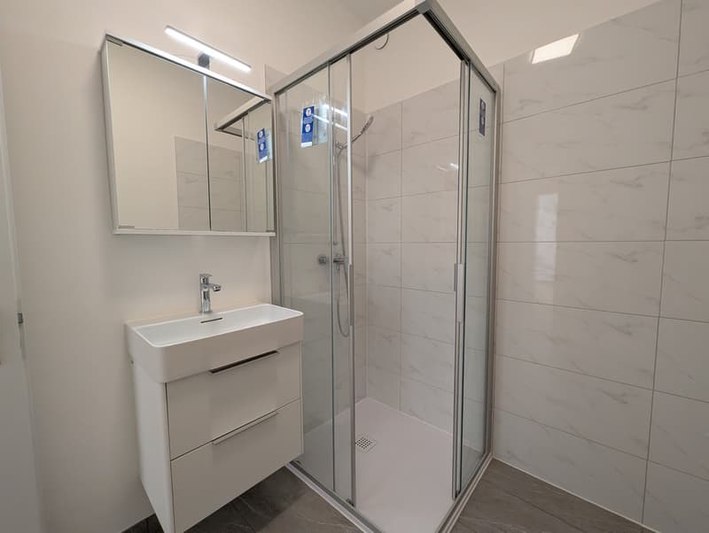 modern bathroom with white tiles, glass shower enclosure, white vanity with drawers, mirror with lighting