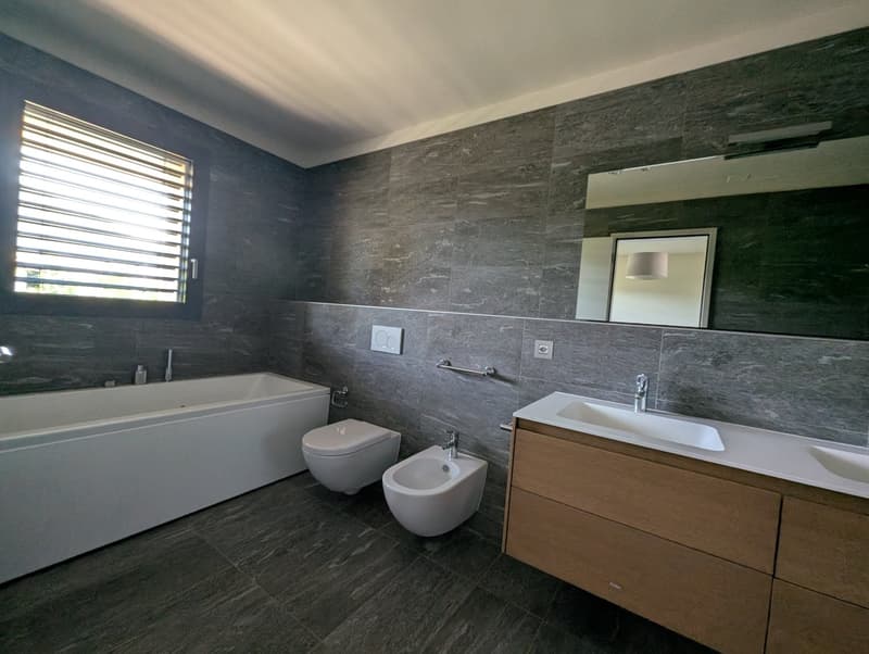 modern bathroom with bathtub, bidet, toilet, double sink, mirror, gray tiles, wooden cabinets