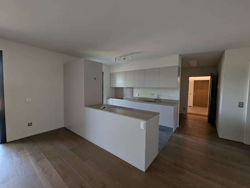 modern kitchen with white cabinets, wooden floor, granite countertop, sink, faucet, open door to another room
