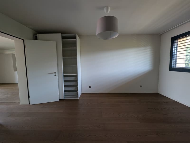 Empty room with wooden floor, white walls, open closet, window with blinds, ceiling lamp