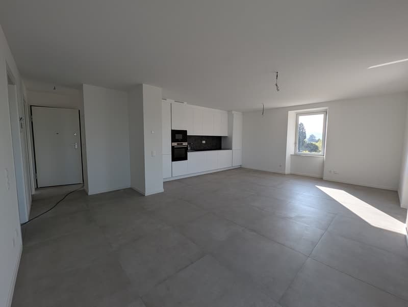 Empty room with white walls, gray floor, white kitchen cabinets, window with view, built-in oven and sink